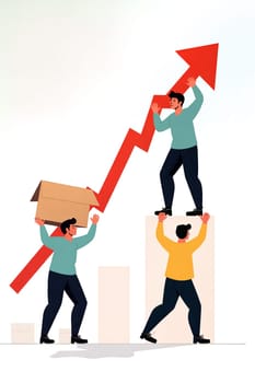 Three individuals collaborate to boost success, with one lifting a box while two support each other, symbolizing teamwork and growth - Generative AI