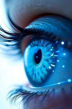 A mesmerizing close-up reveals the vivid blue color and unique patterns of an eye, enhanced by natural light and reflections - Generative AI