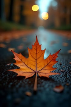 A vibrant orange maple leaf lies on damp pavement in a tranquil park, capturing the essence of autumn's beauty on a rainy day - Generative AI