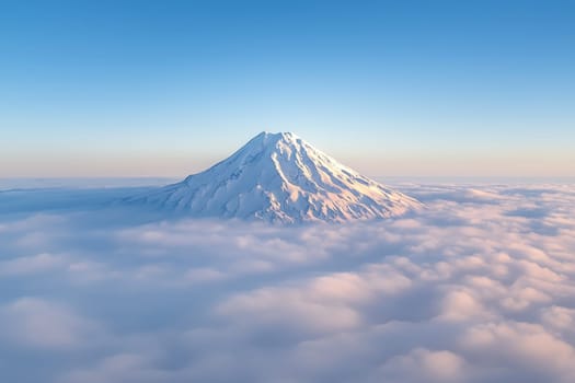 A breathtaking view of a majestic snow-covered volcano rising above soft cloud layers during dawn. This serene landscape showcases nature's beauty.
