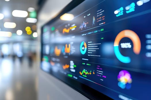 Digital screen displaying order levels and stock data in modern office environment, showcasing various graphs and metrics for analysis and decision making.