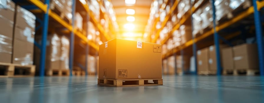 cardboard box on wooden pallet in warehouse, illuminated by warm light. background features shelves filled with stacked boxes, creating sense of organization and storage efficiency.