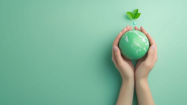 Hands holding small green globe with droplet of water and leaves, symbolizing environmental care and sustainability.