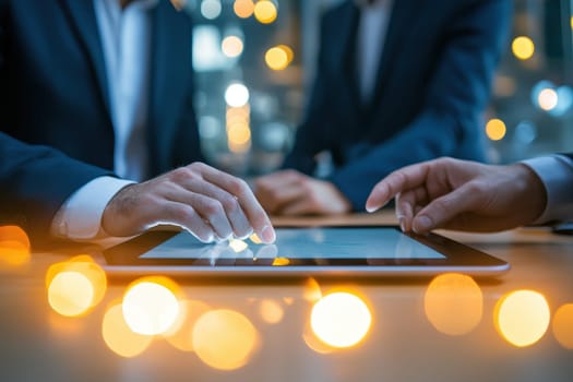Two business professionals collaborate on a digital tablet in a modern office, showcasing teamwork and innovative solutions in a bright, engaging environment.