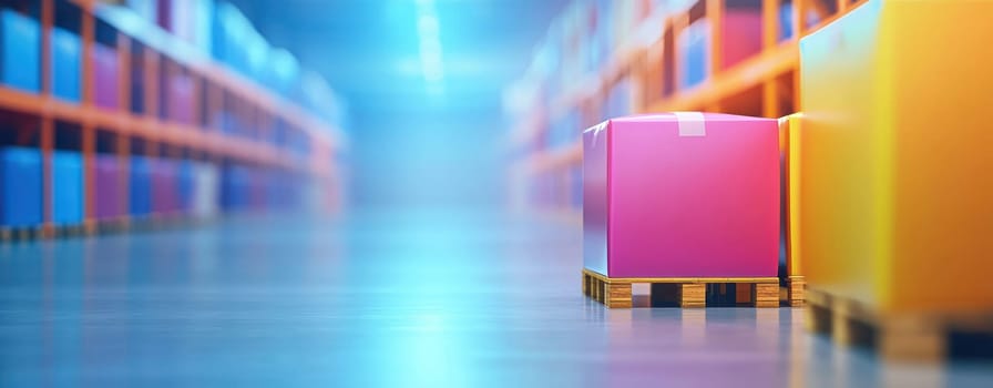 Colorful boxes on pallets in warehouse with shelves in background create vibrant and organized inventory scene.