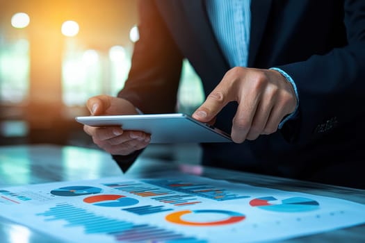 A professional man uses a tablet to analyze business data while studying informative charts and graphs on a desk. This image captures the essence of data-driven decision-making in a modern office.