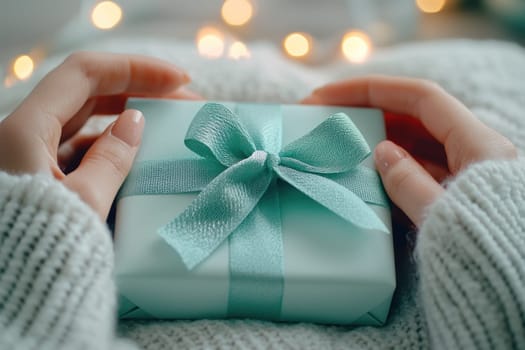 person carefully holds beautifully wrapped gift with teal ribbon, surrounded by soft textures and warm lights, evoking sense of joy and anticipation.