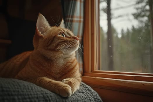 A serene ginger cat rests by the window, gazing thoughtfully outdoors in a rustic cabin. The soft light creates a cozy atmosphere, perfect for relaxation.