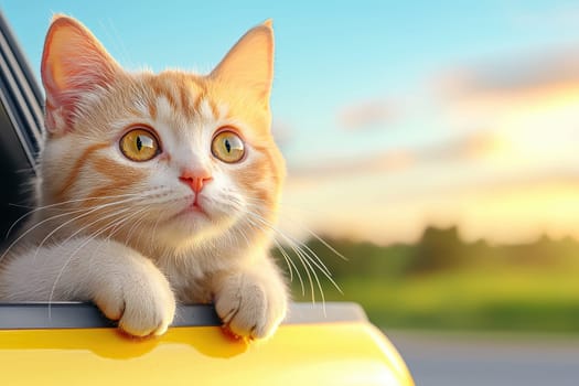 A charming ginger cat peeks out of a yellow car window, capturing a moment of pure curiosity and joy against a vibrant outdoor backdrop.