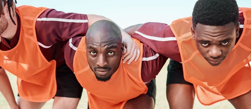 Rugby team, scrum and men in portrait for training, exercise and workout together. Sports, group huddle and serious face of people in collaboration, support and solidarity for competition outdoor