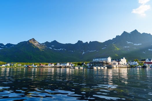 Fishing base in village Mefjordvaer, island Senja, Norway, Mefjord Brygge. Fishing village in summer day