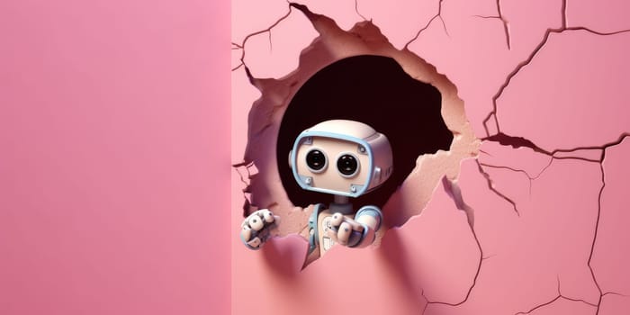 Cute robot toy peeking out of a hole in wall, torn hole, empty copy space frame, mockup. Generative AI image weber.