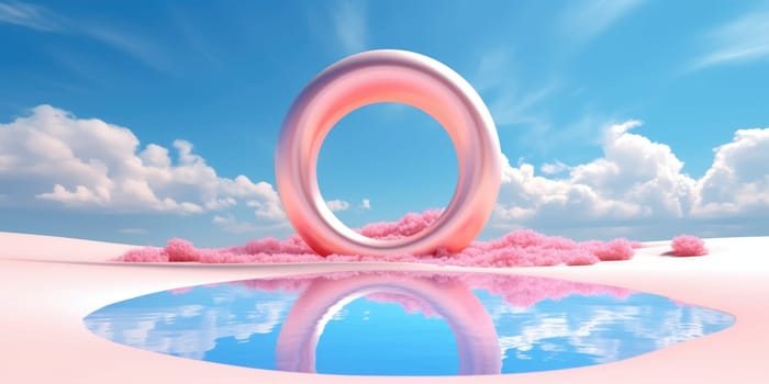 3d rendering abstract fantasy background. Surreal fantastic landscape. Blue sky, white fluffy clouds, neon round linear frame, calm water, pink sand dunes. Virtual reality paradise wallpaper. Generative AI image weber.