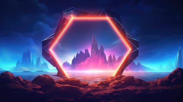 Glowing neon Hexagon frame over abstract landscape. Generative AI image weber.