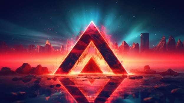 Glowing neon triangle frame over abstract landscape. Generative AI image weber.