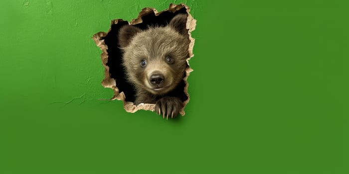 Cute Bear peeking out of a hole in wall, torn hole, empty copy space frame, mockup. Generative AI image weber.