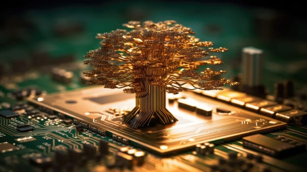 A beautiful large tree growing on the micro chip computer circuit board showing concept of digital business CSR and ethics ESG, waste management. Generative AI image weber.