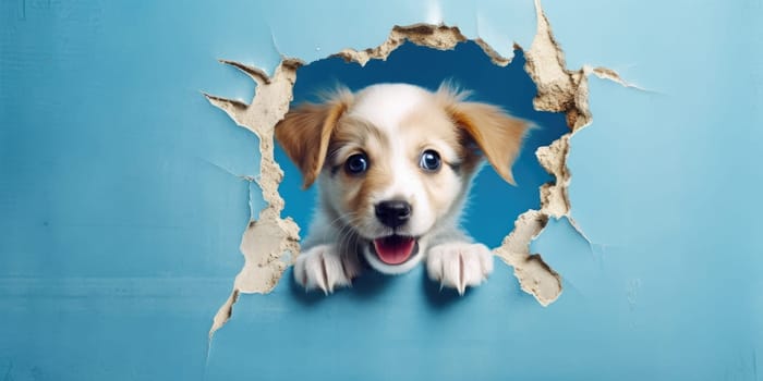 Cute Puppy peeking out of a hole in wall, torn hole, empty copy space frame, mockup. Generative AI image weber.