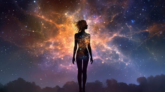 Woman in Yoga Full Body Backlit Pose in the Nebula Galaxy. Generative AI image weber.