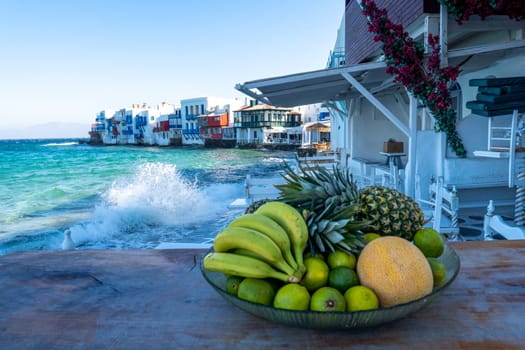 Fruit bowl on a table in Little Venice, Mykonos