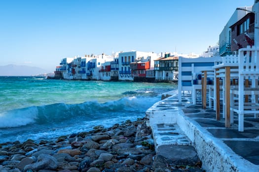 View of Little Venice in Mykonos at sunrise without people