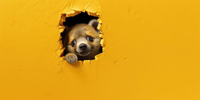 Cute Bear peeking out of a hole in wall, torn hole, empty copy space frame, mockup. Generative AI image weber.