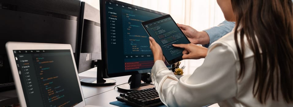 Software development team working together in office, coding script display on computer monitor. Programmer and software engineer working in tech developer company. Trailblazing