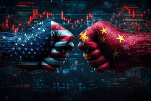 Two clenched fists facing each other representing the United States and China hold symbols of national flags during a strategic discussion on trade..