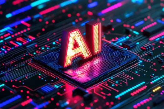 AI logo or icon. Abstract technology conceptual background with AI neon letters. AI text consist at pcb, neon electronic signals in cyberspace. Artificial intelligence tech background or banner. High quality illustration