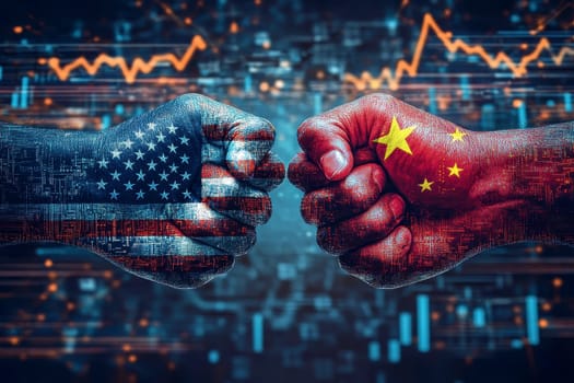 Two clenched fists facing each other representing the United States and China hold symbols of national flags during a strategic discussion on trade..