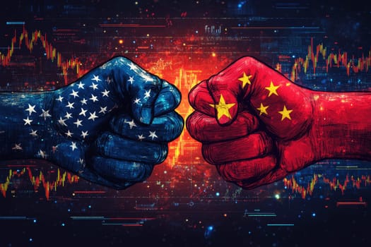 Two clenched fists facing each other representing the United States and China hold symbols of national flags during a strategic discussion on trade. High quality illustration