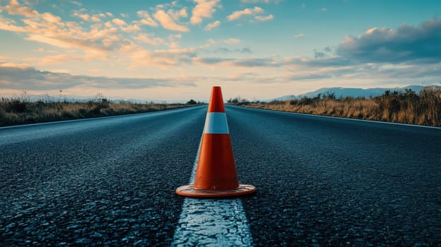 An orange and white traffic cone rests on an asphalt road..
