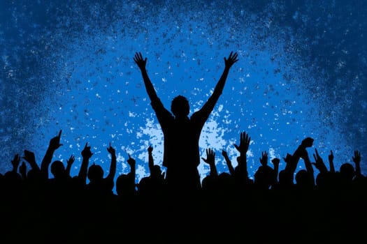 people silhouette with raised hands at christian concert worship God and Jesus Christ, on blue background. Christian concept.