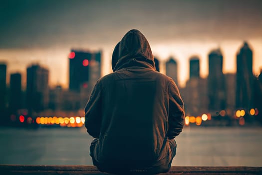 A man is sitting on a ledge overlooking a city. He is wearing a hoodie and he is looking out over the water. The scene has a sense of loneliness and contemplation