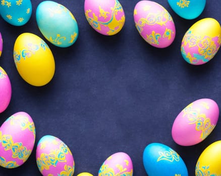 A row of colorful painted eggs with a blue background. The eggs are arranged in a circle, with some of them overlapping each other. Scene is cheerful and playful