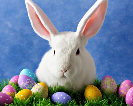 A white rabbit is standing in front of a bunch of Easter eggs. The rabbit is looking at the camera with a curious expression. Concept of innocence and playfulness