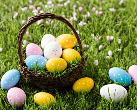 A basket full of Easter eggs is sitting on the grass. The eggs are of different colors, including blue, yellow, and pink. Concept of celebration and joy
