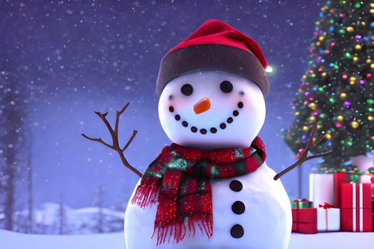 A snowman with a red hat and scarf is standing in front of a Christmas tree. The scene is festive and joyful, with the snowman's smile and the tree's decorations creating a warm