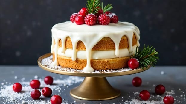 A Christmas cake with white cream and berries on a stand.