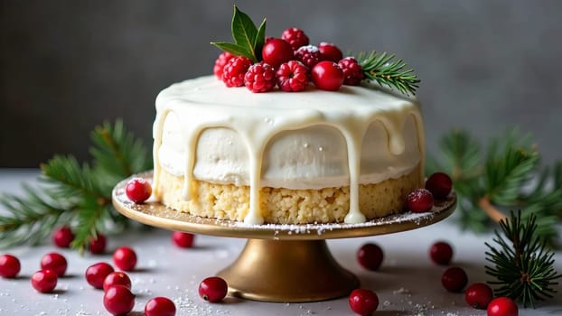 A Christmas cake with white cream and berries on a stand.
