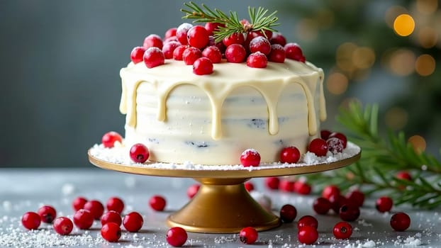 A Christmas cake with white cream and berries on a stand.