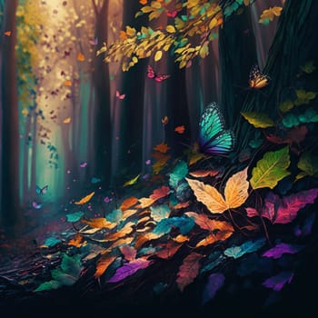A colorful forest scene with butterflies and leaves. The butterflies are flying around the leaves and the colors of the leaves are vibrant