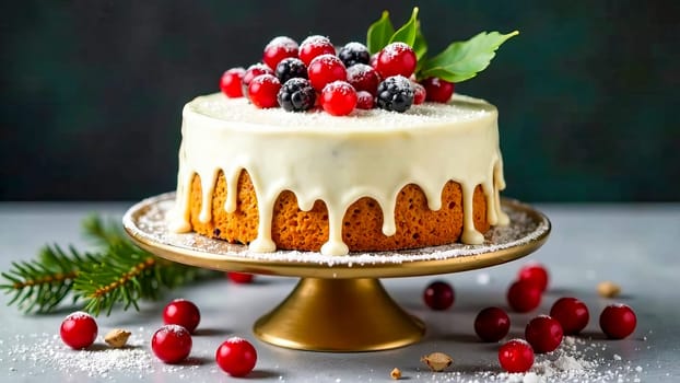 A Christmas cake with white cream and berries on a stand.
