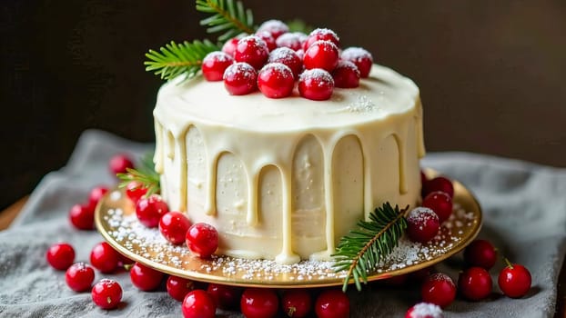 A Christmas cake with white cream and berries on a stand.