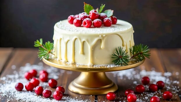 A Christmas cake with white cream and berries on a stand.