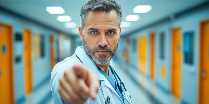 A man in a white lab coat points to a door. Concept of urgency or importance, as the man is directing someone to a specific location. The setting appears to be a hospital or medical facility