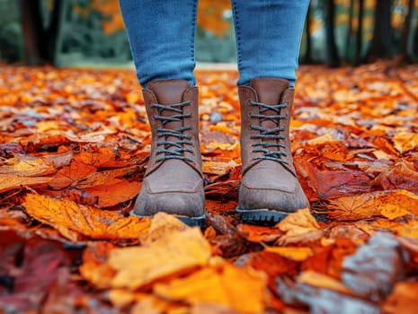 A person is standing in a field of autumn leaves wearing brown boots. The boots are laced up and the person is looking down at the ground