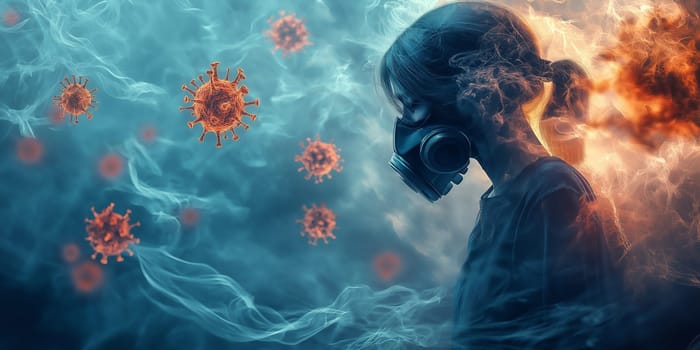 A woman wearing a gas mask is surrounded by a cloud of viruses. Concept of danger and fear, as the woman is trying to protect herself from the harmful particles in the air