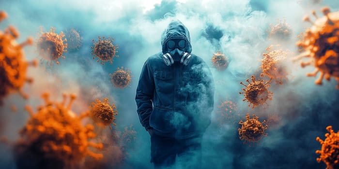 A man in a gas mask is walking through a cloud of orange and blue particles. Concept of danger and fear, as the man is surrounded by a potentially harmful environment