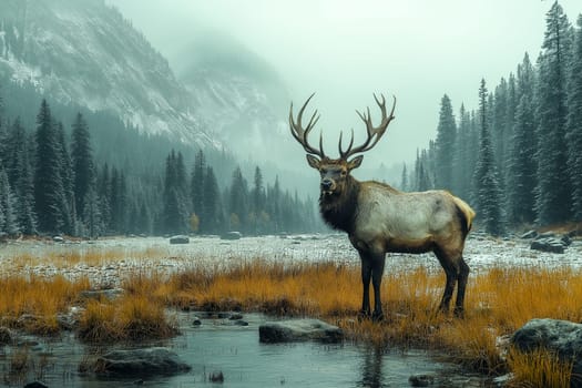 A deer stands in a field of tall grass near a body of water. The scene is serene and peaceful, with the deer being the focal point of the image